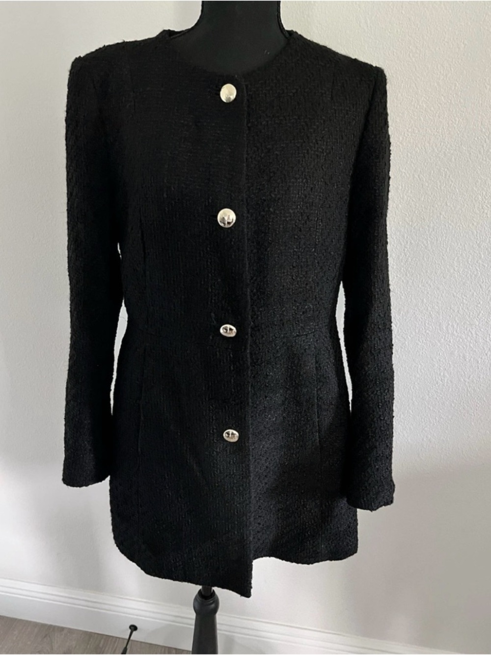 Zara Black Bouclé Longline Blazer with Gold Buttons